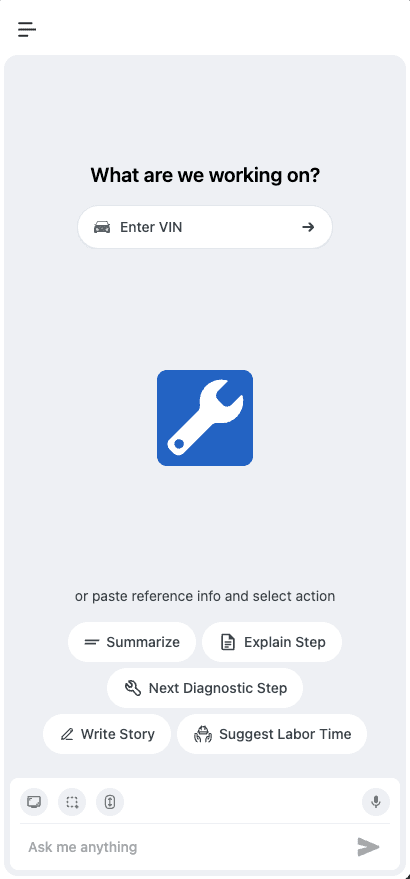 Tech AI-Copilot side panel showing VIN entry and quick diagnostic actions